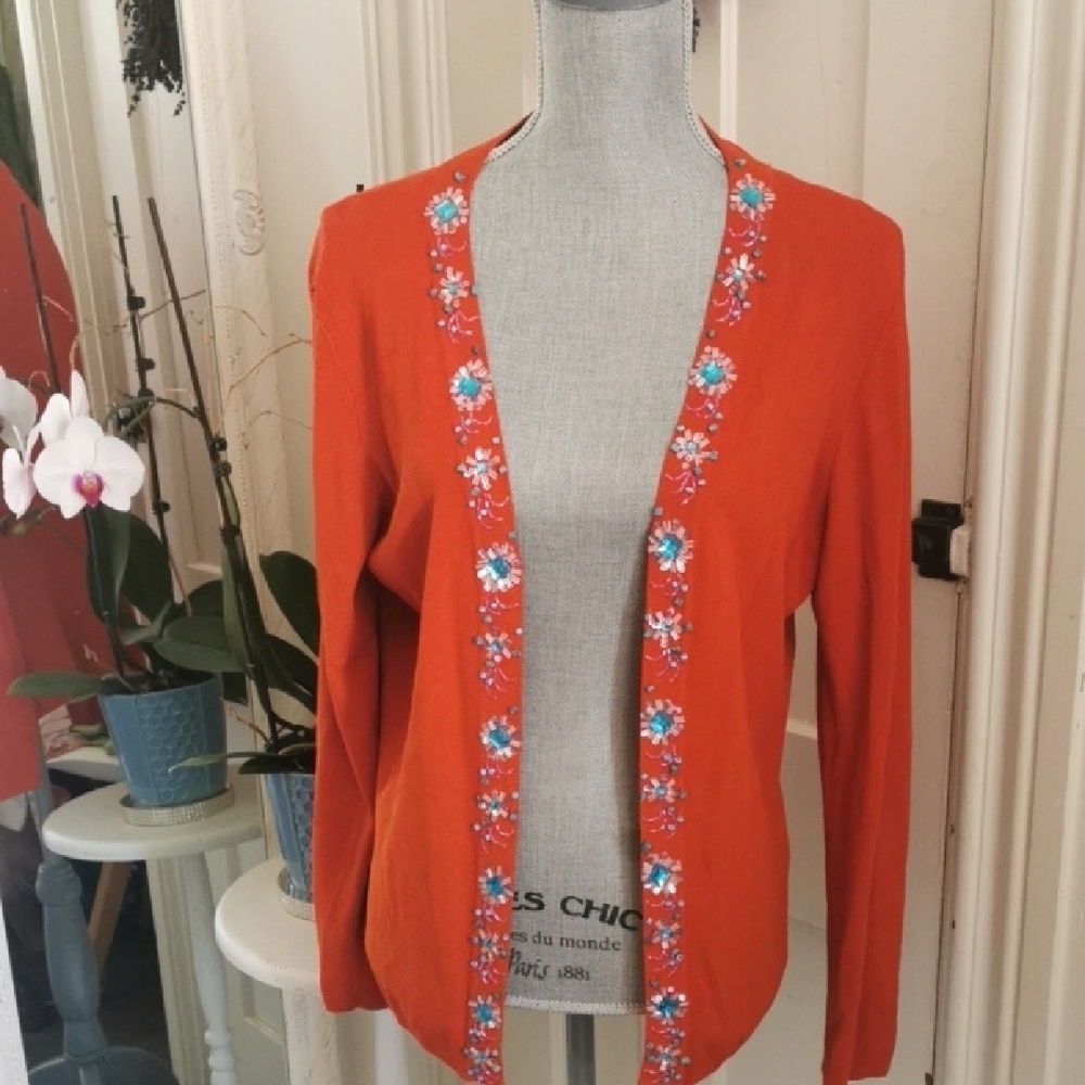 Vintage Valenti embelishment open cardigan. Orange, sequins, beading. Size large